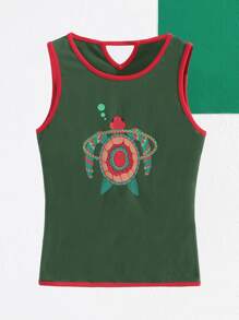Ashi Turtle Print Tank Top - Dark Green - View 1
