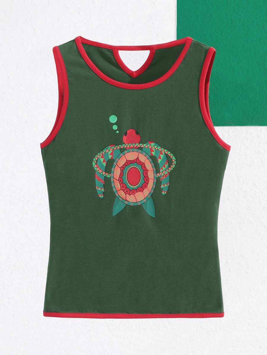 Ashi Turtle Print Tank Top - Dark Green - View 1