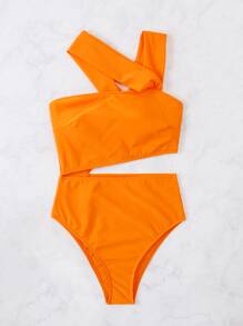 Solid Cut-Out Asymmetrical One Piece Swimsuit, For Summer Beach Vacation - Orange - View 3