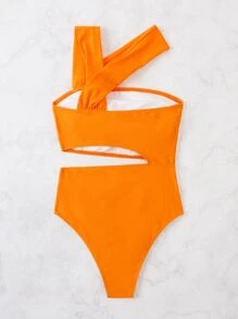 Solid Cut-Out Asymmetrical One Piece Swimsuit, For Summer Beach Vacation - Orange - View 2
