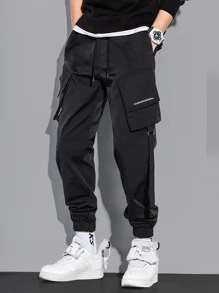 Manfinity Men Letter Embroidery Drawstring Waist Cargo Trousers - Black - View 3