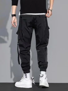 Manfinity Men Letter Embroidery Drawstring Waist Cargo Trousers - Black - View 2