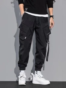 Manfinity Men Letter Embroidery Drawstring Waist Cargo Trousers - Black - View 4