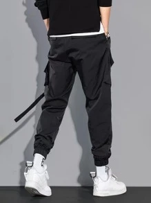 Manfinity Men Letter Embroidery Drawstring Waist Cargo Trousers - Black - View 5