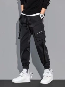 Manfinity Men Letter Embroidery Drawstring Waist Cargo Trousers - Black - View 6