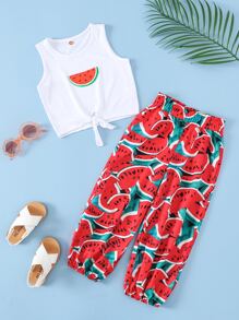 SHEIN Bộ thời trang bé gái Thắt nút Quần paper-bag Rau quả Boho - Nhiều màu - Xem 1