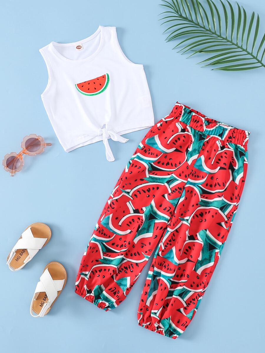 SHEIN Bộ thời trang bé gái Thắt nút Quần paper-bag Rau quả Boho - Nhiều màu - Xem 1