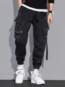Manfinity Men Letter Embroidery Drawstring Waist Cargo Trousers - Black - View 1