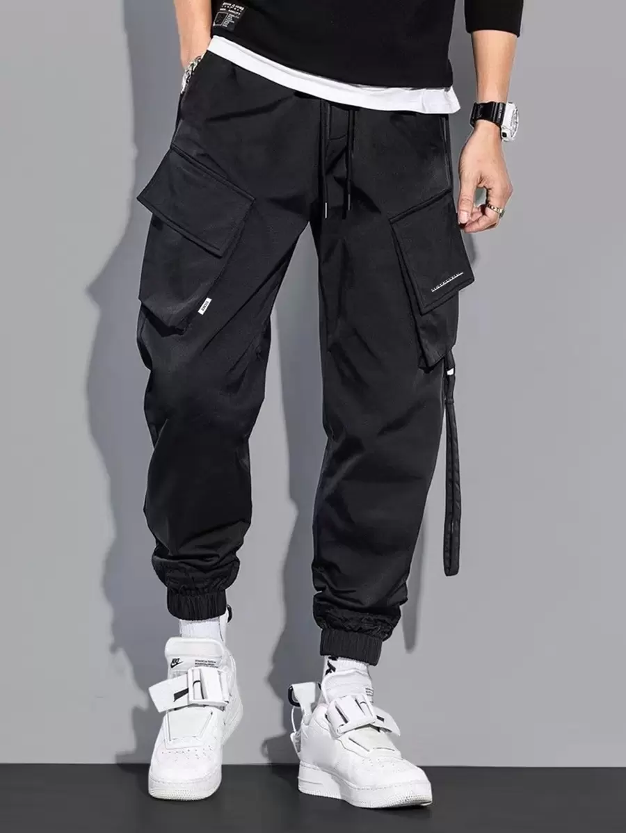 Manfinity Men Letter Embroidery Drawstring Waist Cargo Trousers - Black - View 1