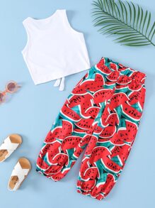 SHEIN Bộ thời trang bé gái Thắt nút Quần paper-bag Rau quả Boho - Nhiều màu - Xem 2