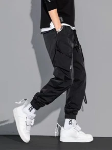 Manfinity Men Letter Embroidery Drawstring Waist Cargo Trousers - Black - View 8