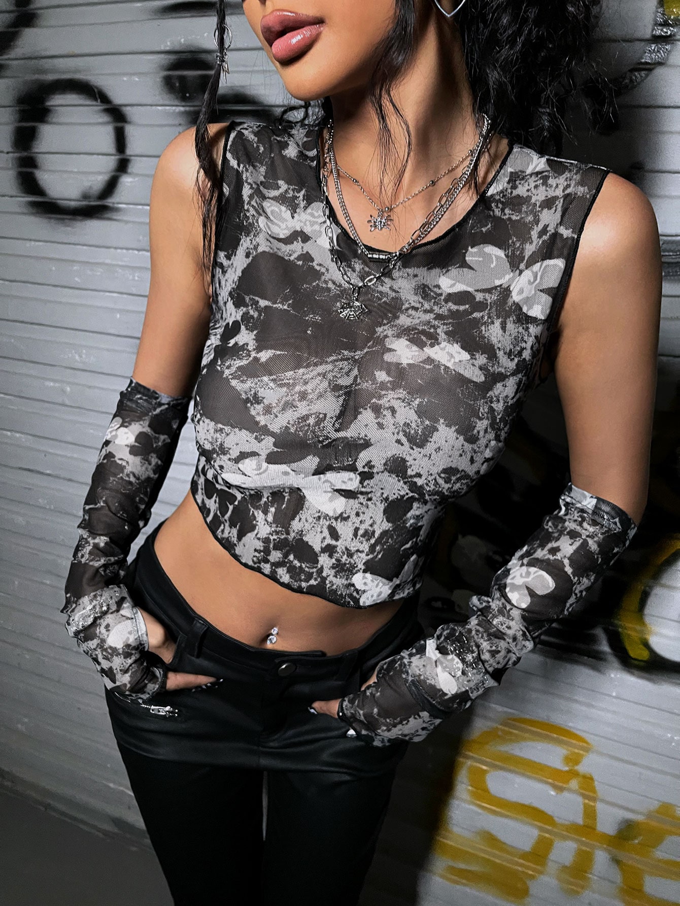 Butterfly Print Mesh Top With Arm Sleeve | SHEIN
