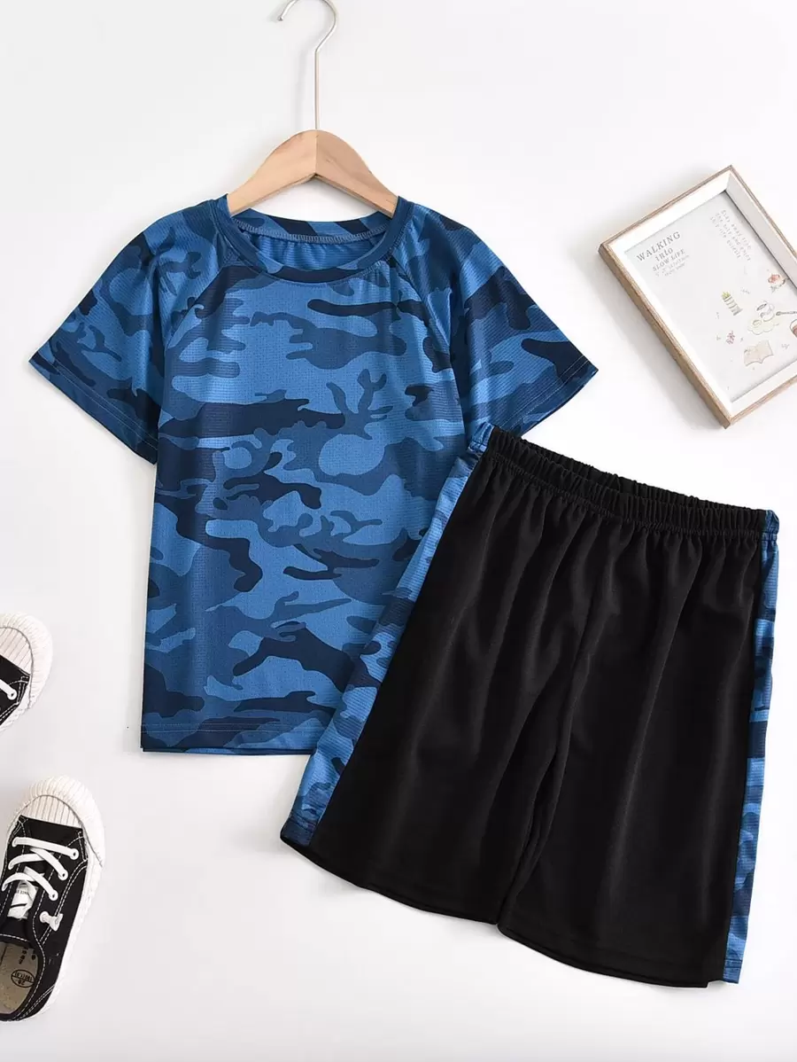 SHEIN Tween Boy Camo Print Raglan Sleeve Tee & Shorts - Multicolor - View 1