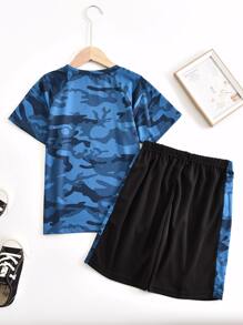 SHEIN Tween Boy Camo Print Raglan Sleeve Tee & Shorts - Multicolor - View 2