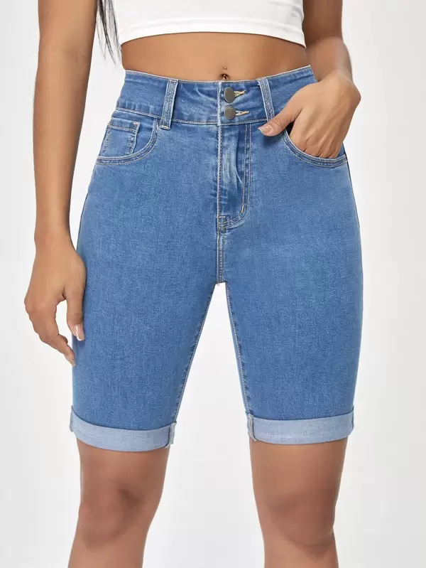 SHEIN Essnce Zipper Fly Cuffed Hem Denim Shorts SHEIN USA
