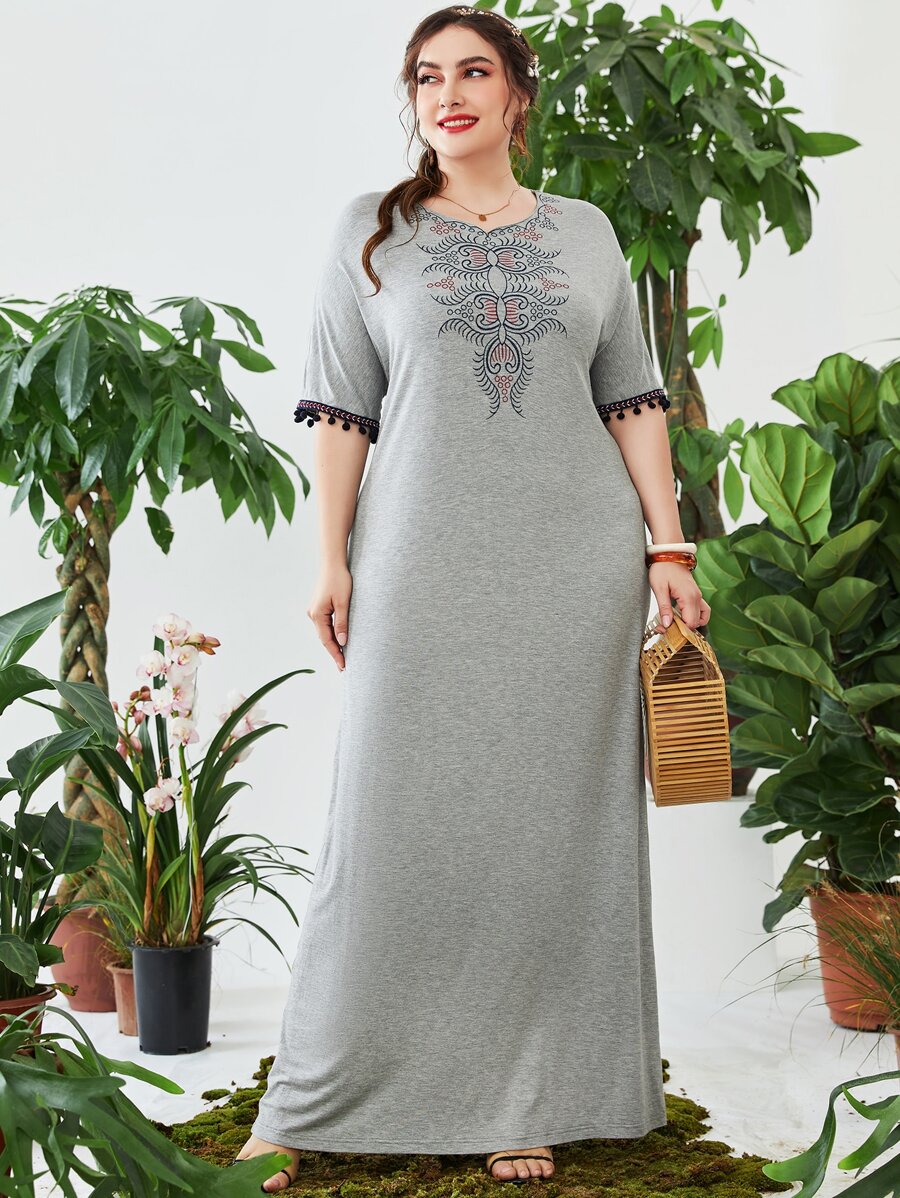 Modelyn Plus Geo Embroidery Contrast Tape Pompom Trim Dress