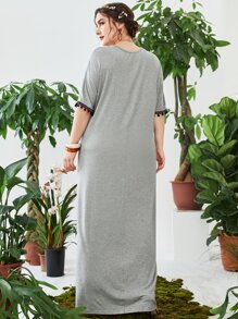 Modelyn Plus Geo Embroidery Contrast Tape Pompom Trim Dress