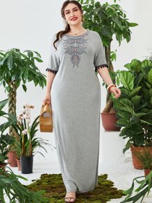 Modelyn Plus Geo Embroidery Contrast Tape Pompom Trim Dress