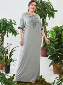 Modelyn Plus Geo Embroidery Contrast Tape Pompom Trim Dress