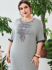 Modelyn Plus Geo Embroidery Contrast Tape Pompom Trim Dress