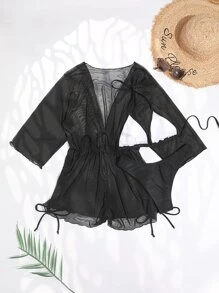Conjunto de bikini de malla transparente Sujetador de triángulo halter y parte inferior de tanga y vestido para cubrir Traje de baño de 3 piezas