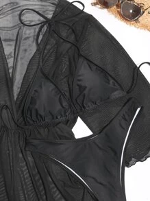 Conjunto de bikini de malla transparente Sujetador de triángulo halter y parte inferior de tanga y vestido para cubrir Traje de baño de 3 piezas