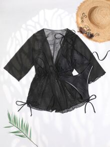 Conjunto de bikini de malla transparente Sujetador de triángulo halter y parte inferior de tanga y vestido para cubrir Traje de baño de 3 piezas