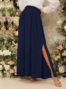 SHEIN Chân váy Bà bầu Dây kéo Tách cao Quần paper-bag màu trơn Boho - Màu xanh hải quân - Xem 1