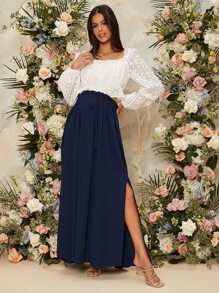 SHEIN Chân váy Bà bầu Dây kéo Tách cao Quần paper-bag màu trơn Boho - Màu xanh hải quân - Xem 4