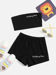 SHEIN Tween Girl Letter Graphic Bandeau Top & Knot Front Track Shorts - Black - View 1