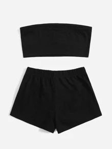 SHEIN Tween Girl Letter Graphic Bandeau Top & Knot Front Track Shorts - Black - View 2