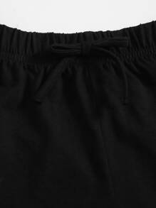 SHEIN Tween Girl Letter Graphic Bandeau Top & Knot Front Track Shorts - Black - View 4