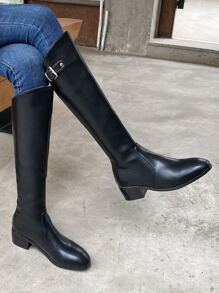 Buckle Detail Riding Boots - Black - View 1
