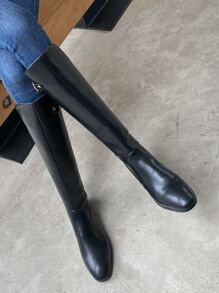Buckle Detail Riding Boots - Black - View 3