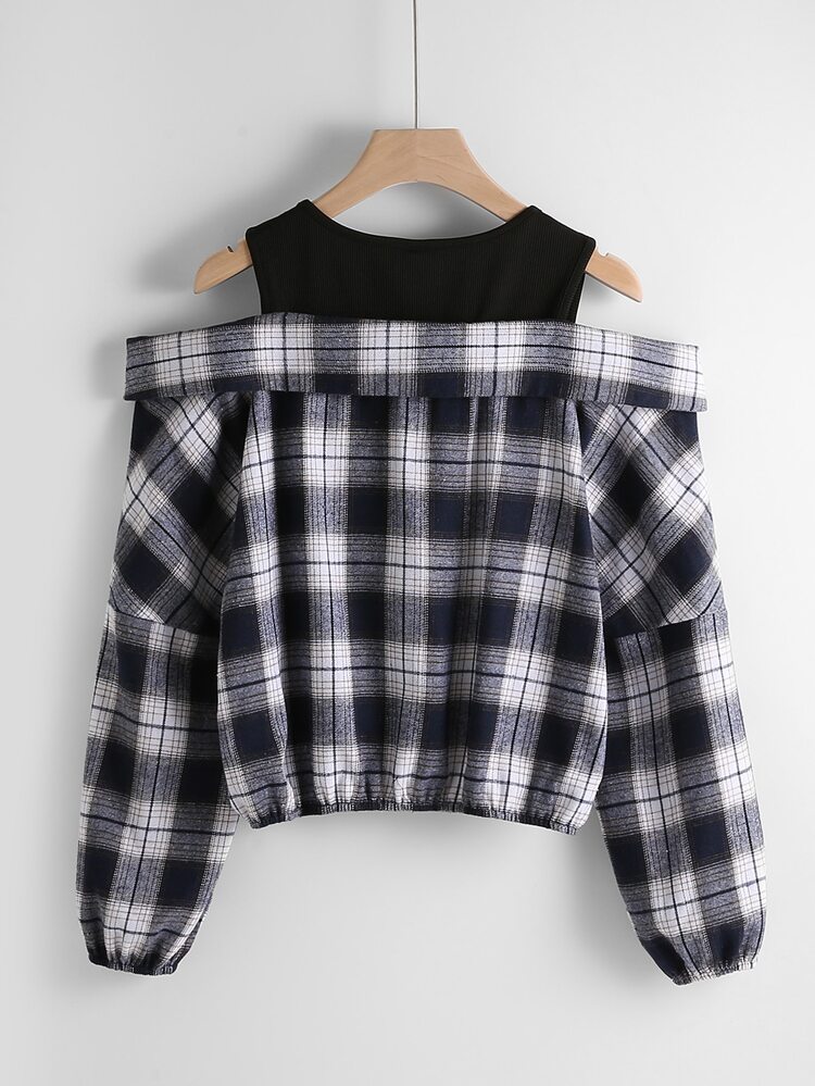 Plaid O-Ring Zipper Cold Shoulder Blouse,Long Sleeve Tops Fall Cloth For Women
