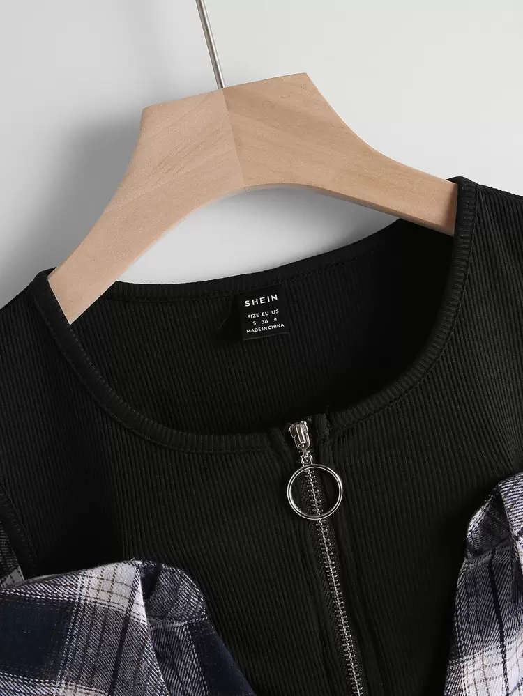 Plaid O-Ring Zipper Cold Shoulder Blouse,Long Sleeve Tops Fall Cloth For Women