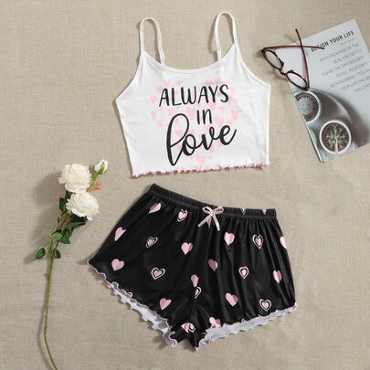 Heart Print Lettuce Trim PJ Set