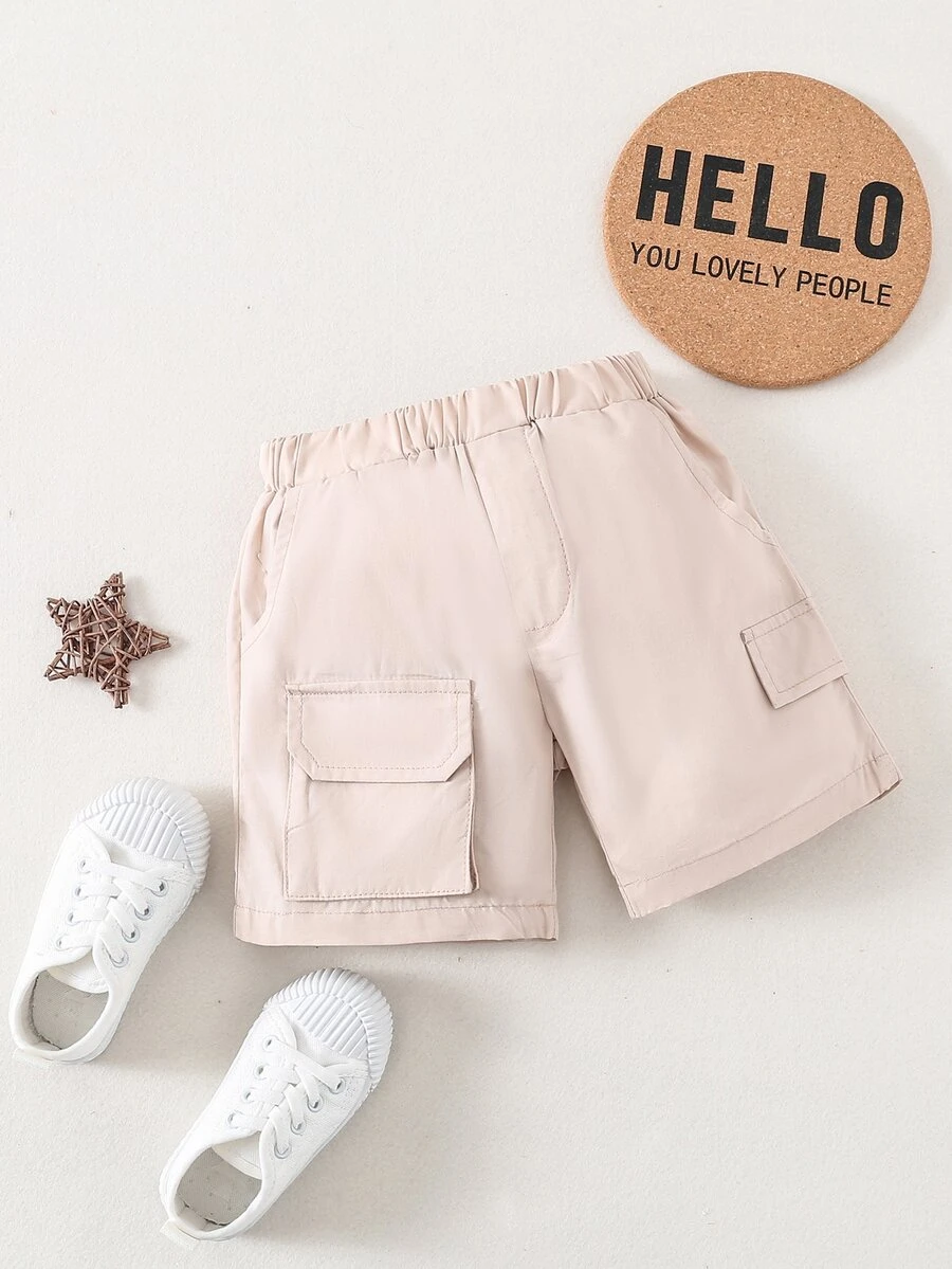 嬰兒翻蓋口袋素色短褲 - 卡其色 - 查看 1
