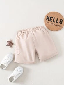 嬰兒翻蓋口袋素色短褲 - 卡其色 - 查看 2