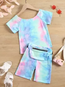 SHEIN Áo phông và quần đùi buộc dây cho bé gái mới biết đi - Nhiều màu - Xem 1