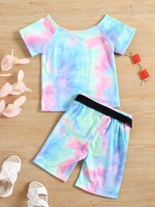 SHEIN Áo phông và quần đùi buộc dây cho bé gái mới biết đi - Nhiều màu - Xem 2