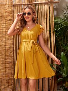 SHEIN Váy Bà bầu Thắt lưng Xù phân lớp màu trơn Boho - Màu Mù tạt vàng - Xem 1