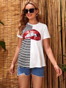SHEIN Maternity Colorblock Striped & Lips Contrast Sequin Print Tee - Multicolor - View 3