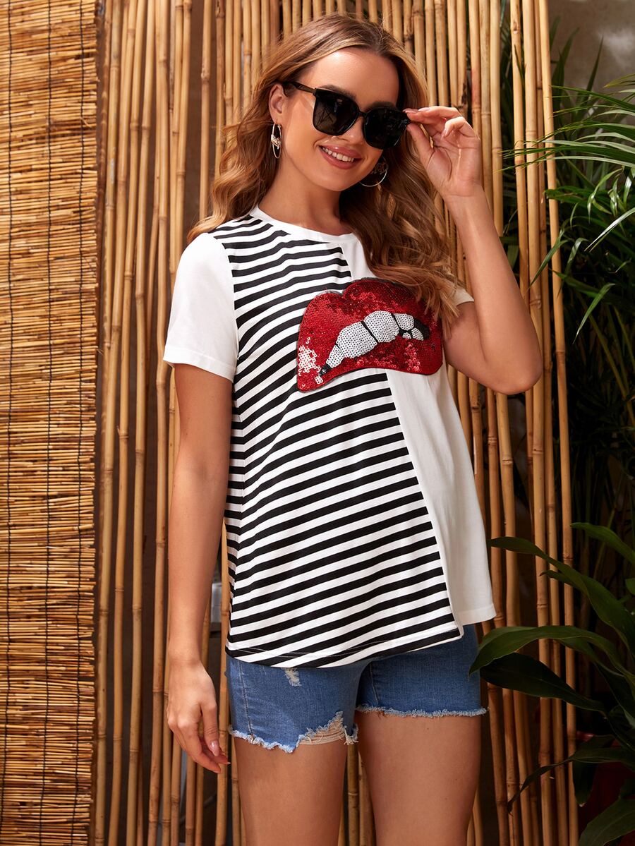 SHEIN Maternity Colorblock Striped & Lips Contrast Sequin Print Tee - Multicolor - View 1