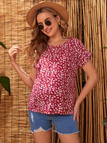 SHEIN Áo sơ mi Bà bầu Nút Họa tiết hoa Boho - Màu Đỏ Sâu - Xem 1