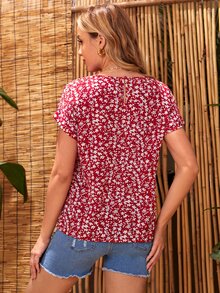 SHEIN Áo sơ mi Bà bầu Nút Họa tiết hoa Boho - Màu Đỏ Sâu - Xem 2