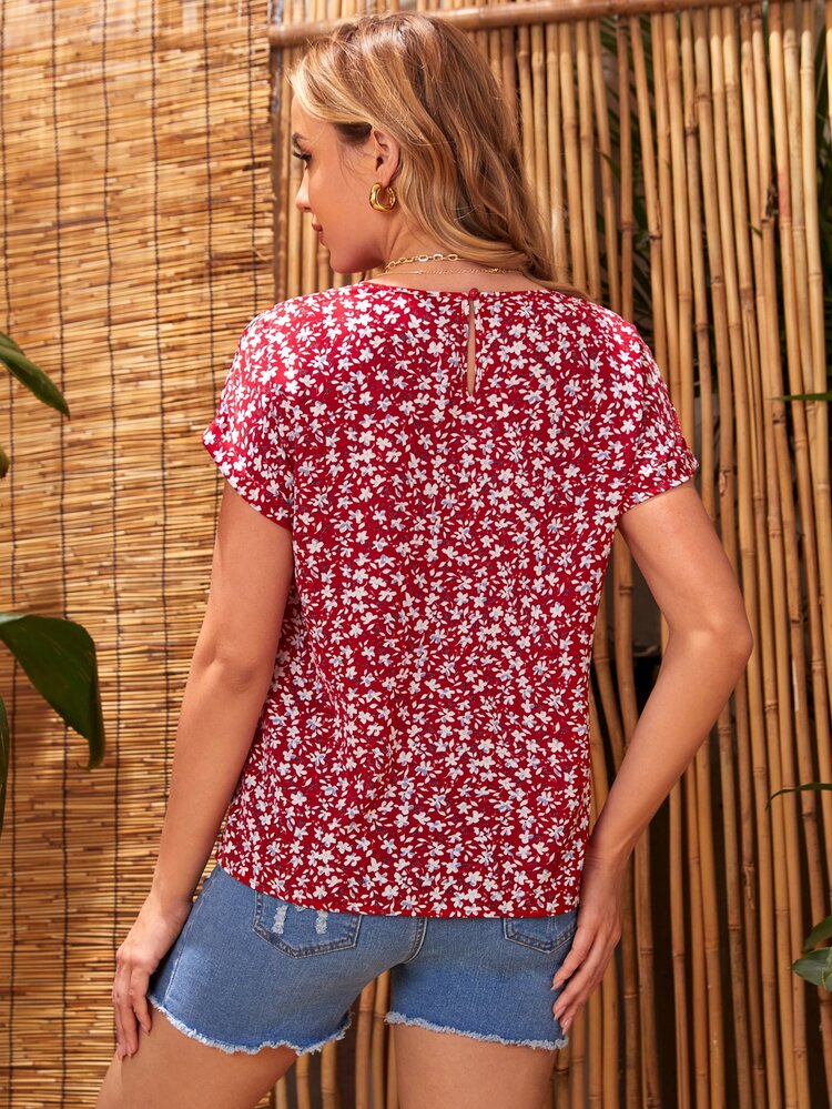 SHEIN 孕婦小碎花後鎖孔襯衫 - 酒紅色 - 查看 2