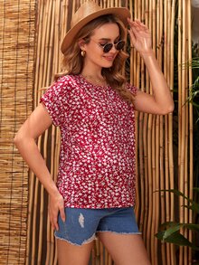 SHEIN Áo sơ mi Bà bầu Nút Họa tiết hoa Boho - Màu Đỏ Sâu - Xem 4