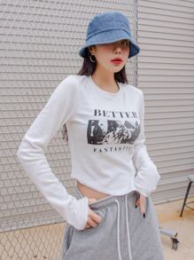 DAZY Letter & Figure Graphic Asymmetrical Hem Tee,Fall Clothes Long Sleeve Women Tops - White - View 4