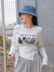 DAZY Letter & Figure Graphic Asymmetrical Hem Tee,Fall Clothes Long Sleeve Women Tops - White - View 5